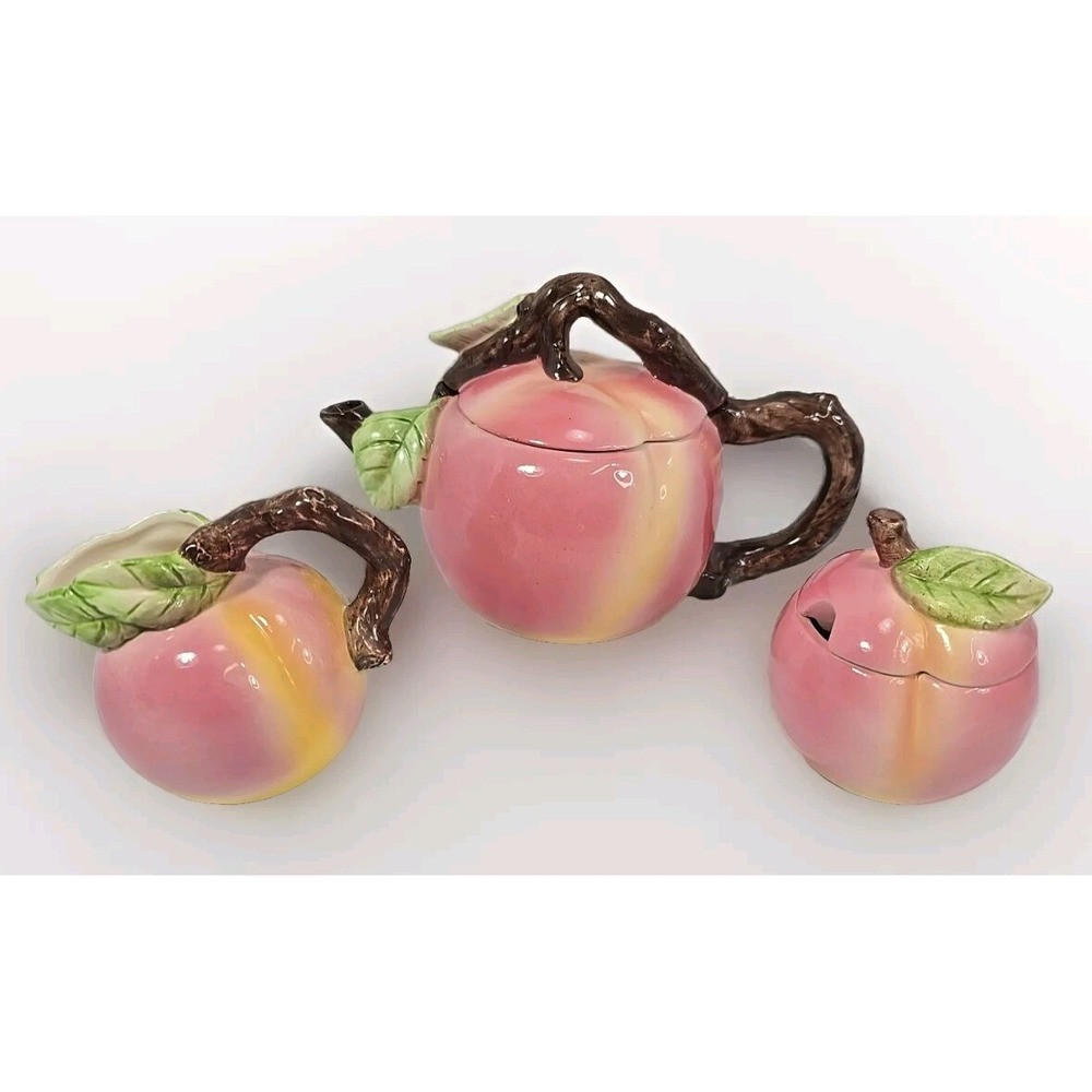 Russ Berrie‎ & Peach Design Tea And Coffee Pitcher Set w/ Sugar, Creamer